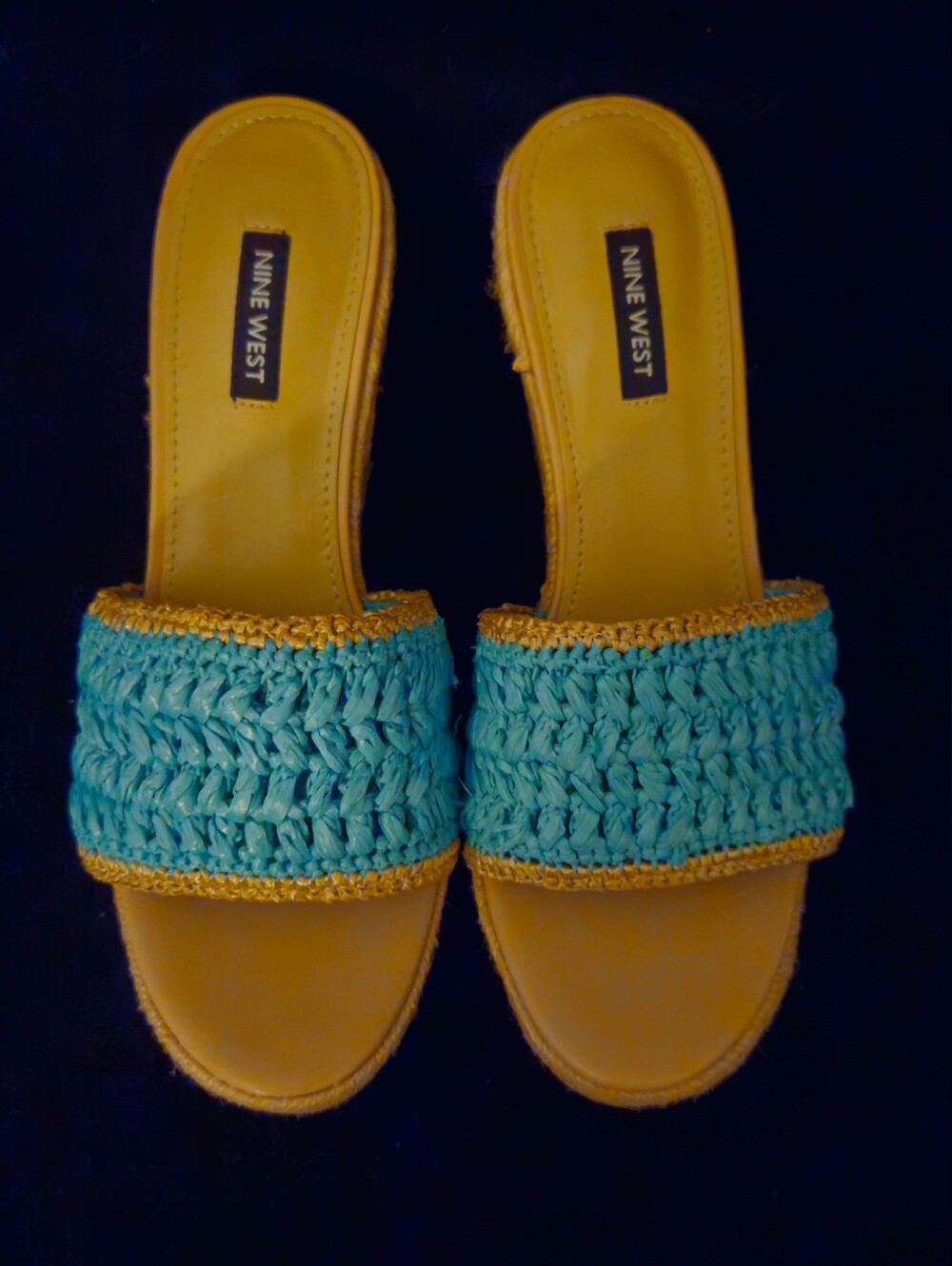 Nine West Holand Wedge Slip-On Sandals Aqua Blue Crochet Details - Size 8.5M - Picture 2 of 7
